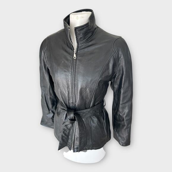 Vintage Wilsons Belted Leather Jacket Black Tie Waist Women's size Medium Edgy - Picture 11 of 14